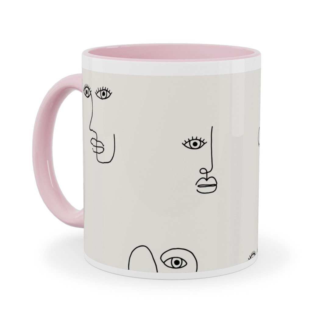 Minimalist Feminist Faces - Line Drawing Ceramic Mug, Pink,  , 11oz, Beige