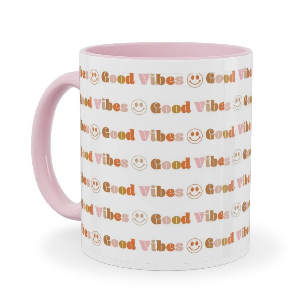 Good Vibes - Retro 70s Smiley Face - Earthy Ceramic Mug, Pink,  , 11oz, Orange