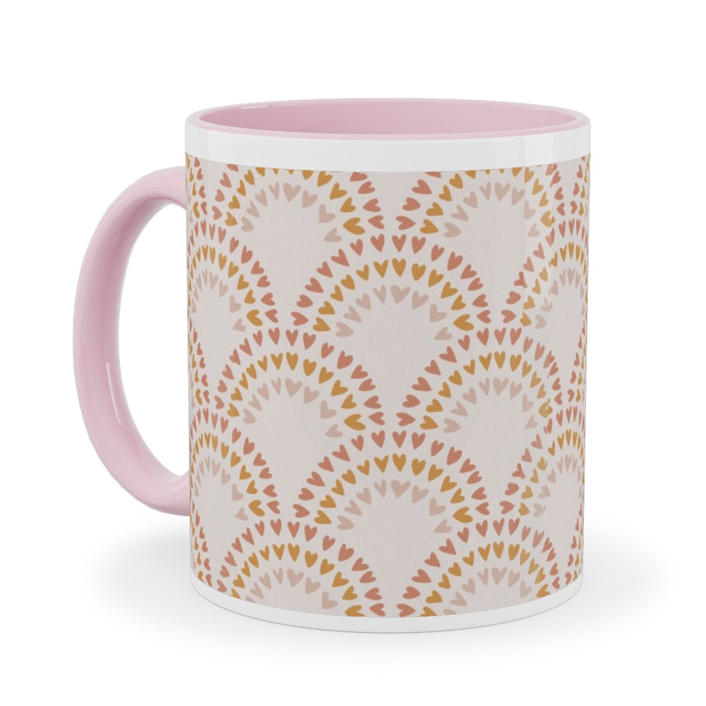 Scalloped Heart Rainbows - Mustard and Pink Ceramic Mug, Pink,  , 11oz, Pink