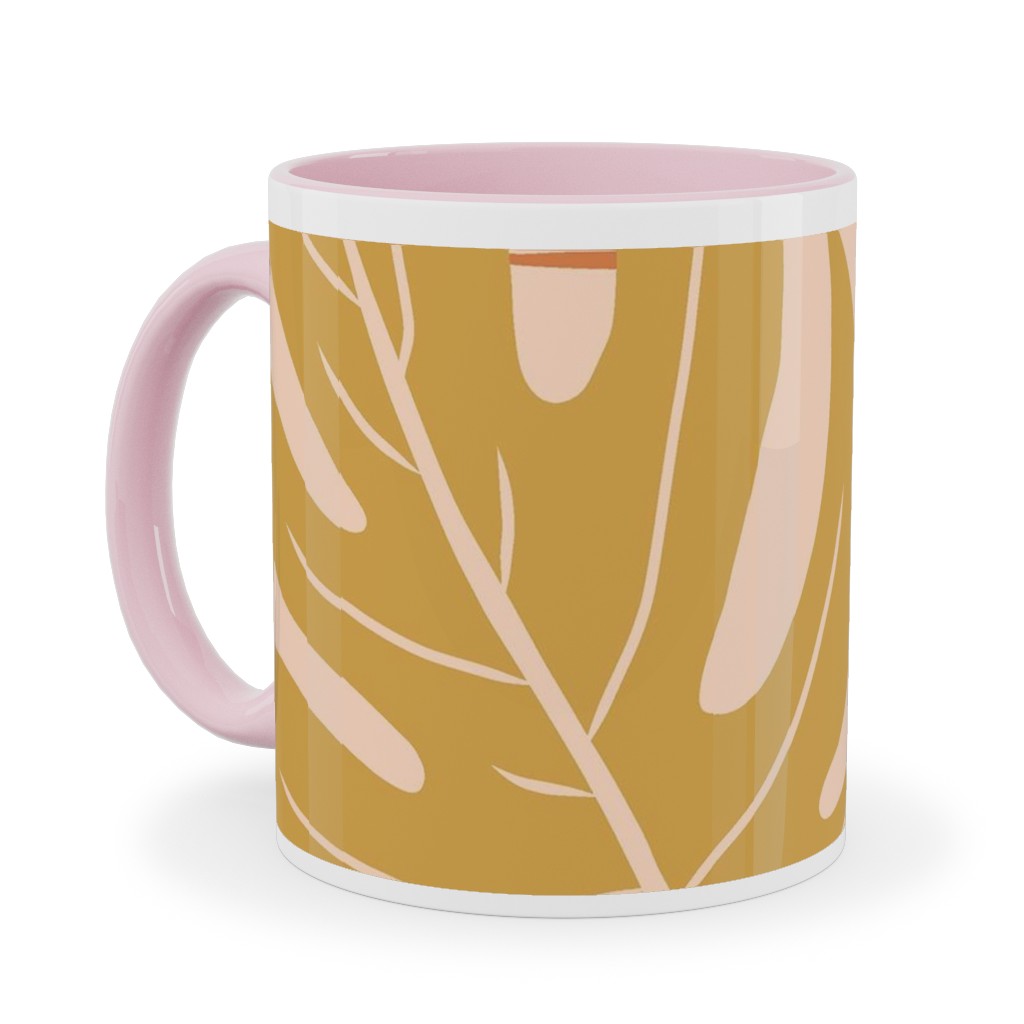 Paradiso - Tropical Palm Fronds - Golden Blush Ceramic Mug, Pink, , 11oz, Pink, Bright Pink