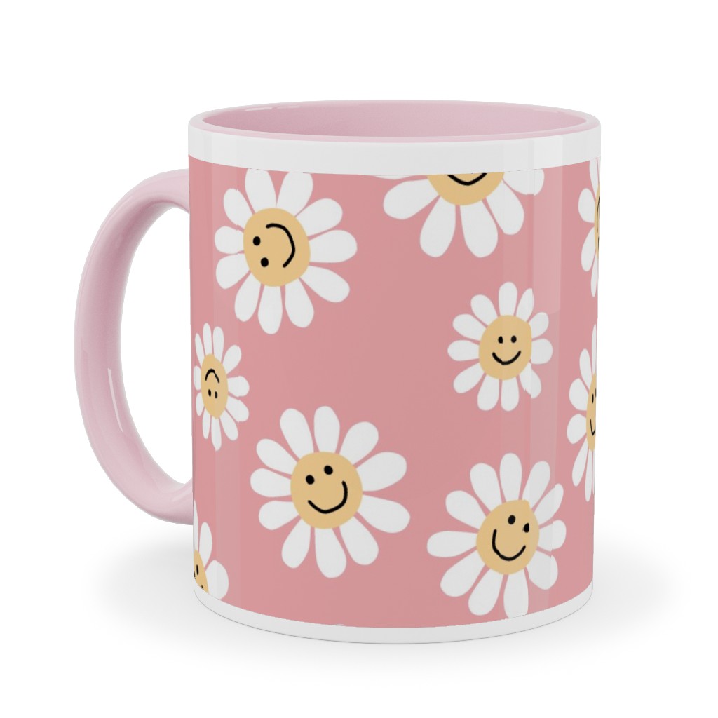 Smiley Daisy Flowers - Pink Ceramic Mug, Pink, , 11oz, Pink, Bright Pink