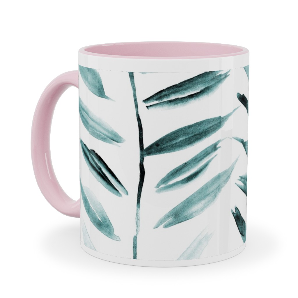 Leaves Herringbone - Watercolor Nature - Emerald Ceramic Mug, Pink,  , 11oz, Green