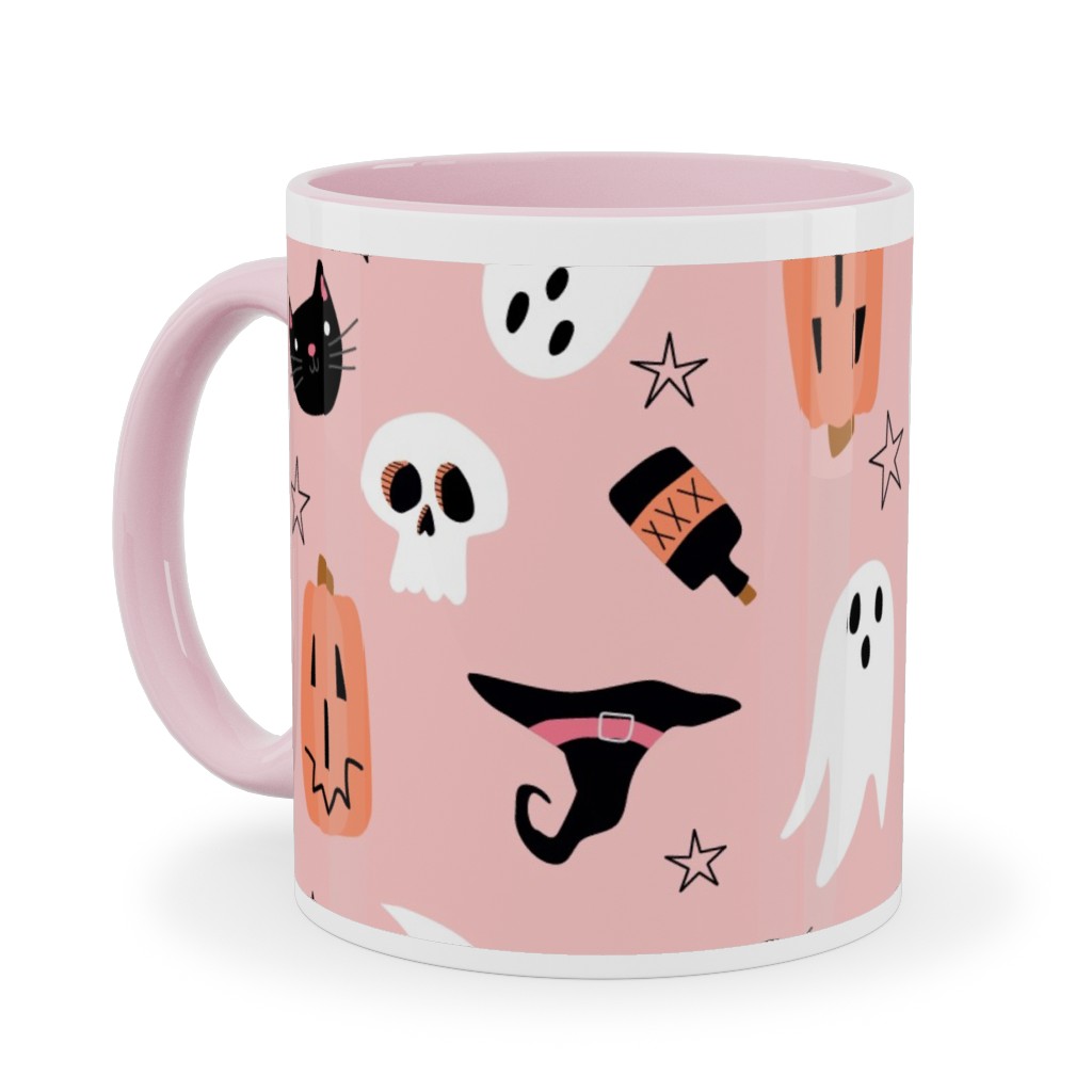 Sweet Halloween Pumpkin, Witch, Ghost, Cat Ceramic Mug, Pink, , 11oz, Pink, Bright Pink