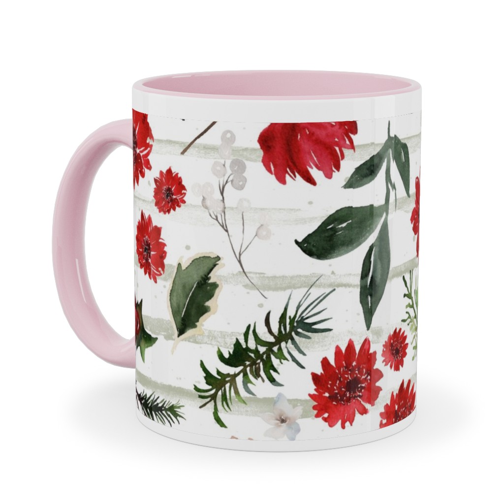 Jolly Christmas Florals - Mint Sage Stripes Ceramic Mug, Pink, , 11oz, Multicolor