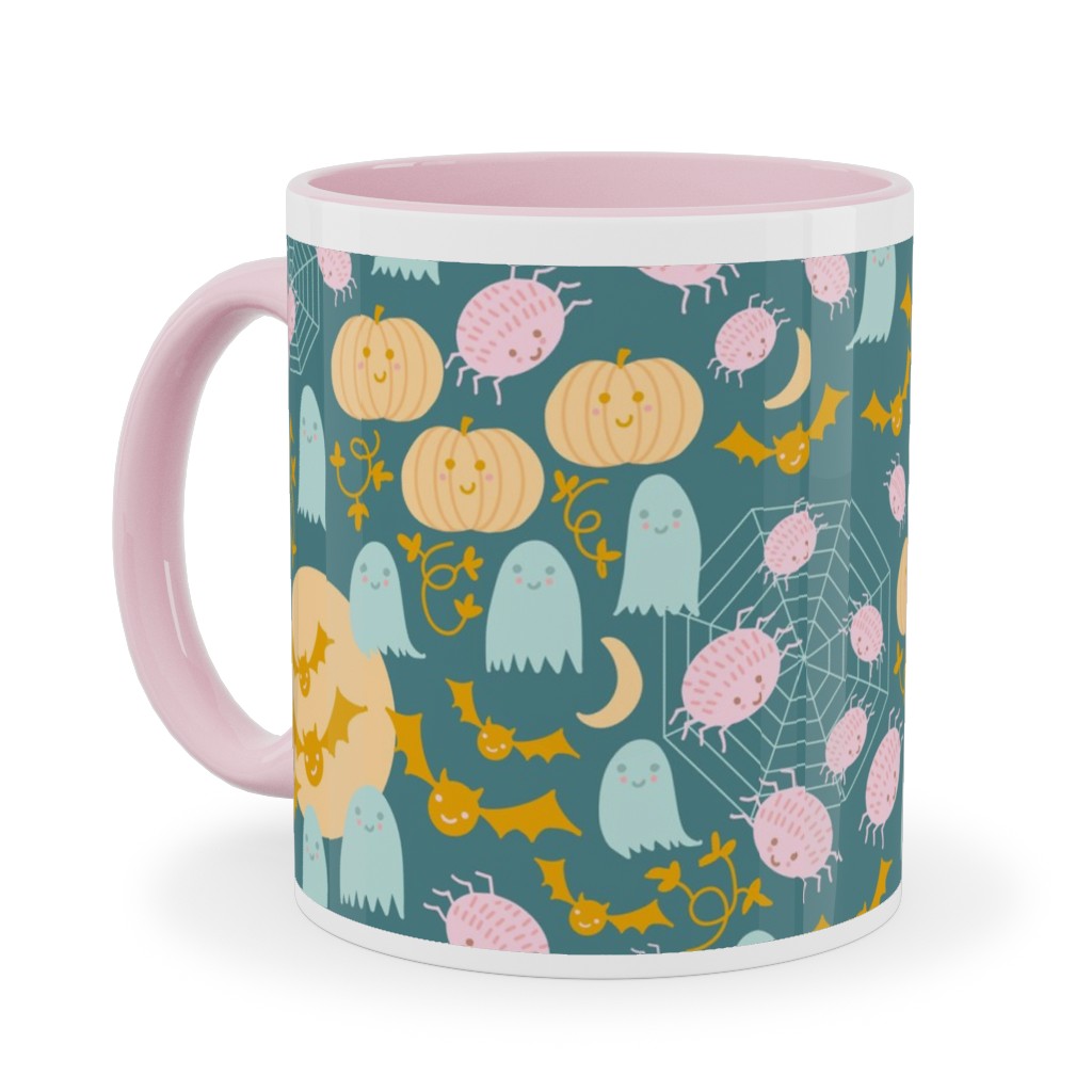 Cute Pastel Halloween Scene in Candy Colors - Pumpkin Ghost Spider Web Bat - Multi Ceramic Mug, Pink, , 11oz, Multicolor