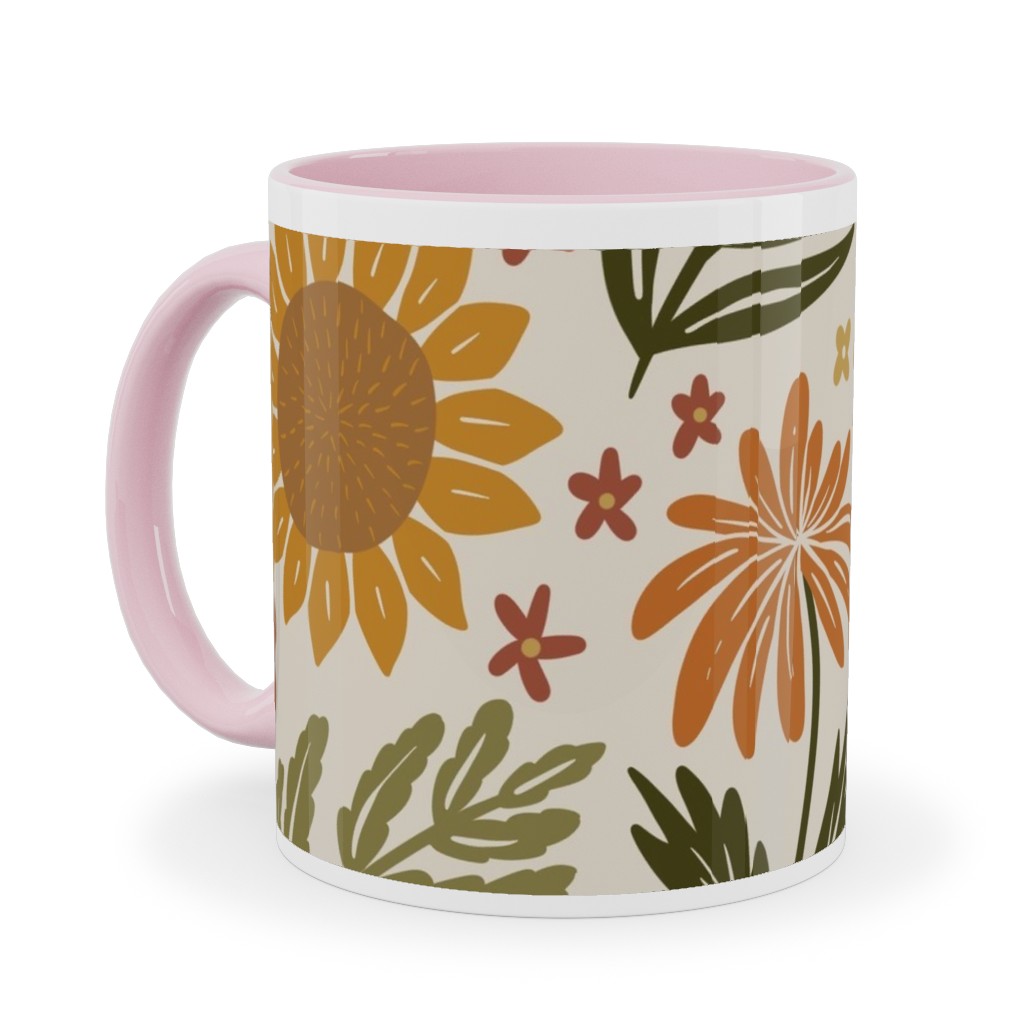 Autumn Botanicals - Leaves, Acorns, Sunflowers, Ferns, Mums, Pinecones, Mushrooms - Light Ceramic Mug, Pink, , 11oz, Multicolor