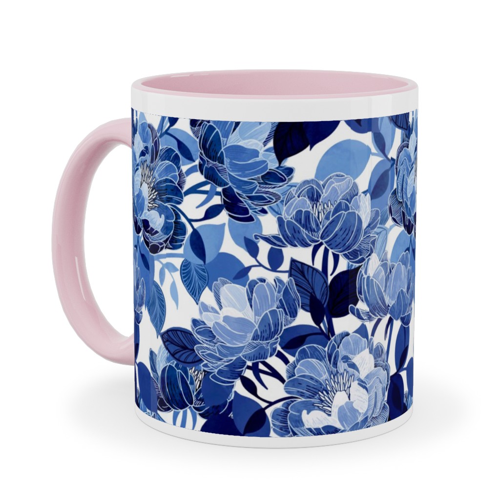 Chintz Peonies - Blue Ceramic Mug, Pink, , 11oz, Blue, True Blue