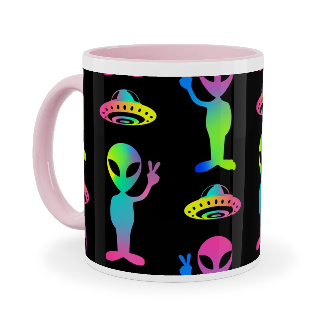 90's Rainbow Aliens and Ufos - Multi on Black Ceramic Mug, Pink,  , 11oz, Black