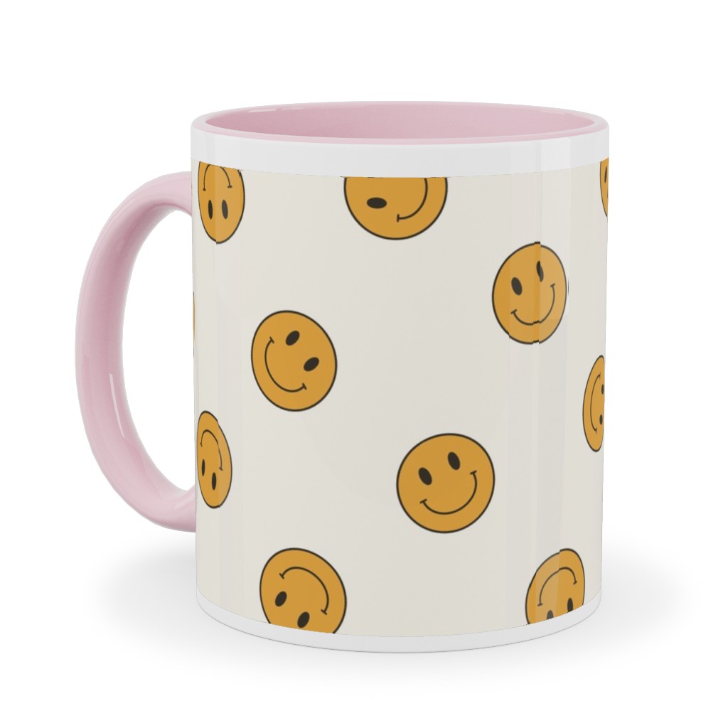 Retro Smiley Face - Cream and Yellow Ceramic Mug, Pink,  , 11oz, Yellow