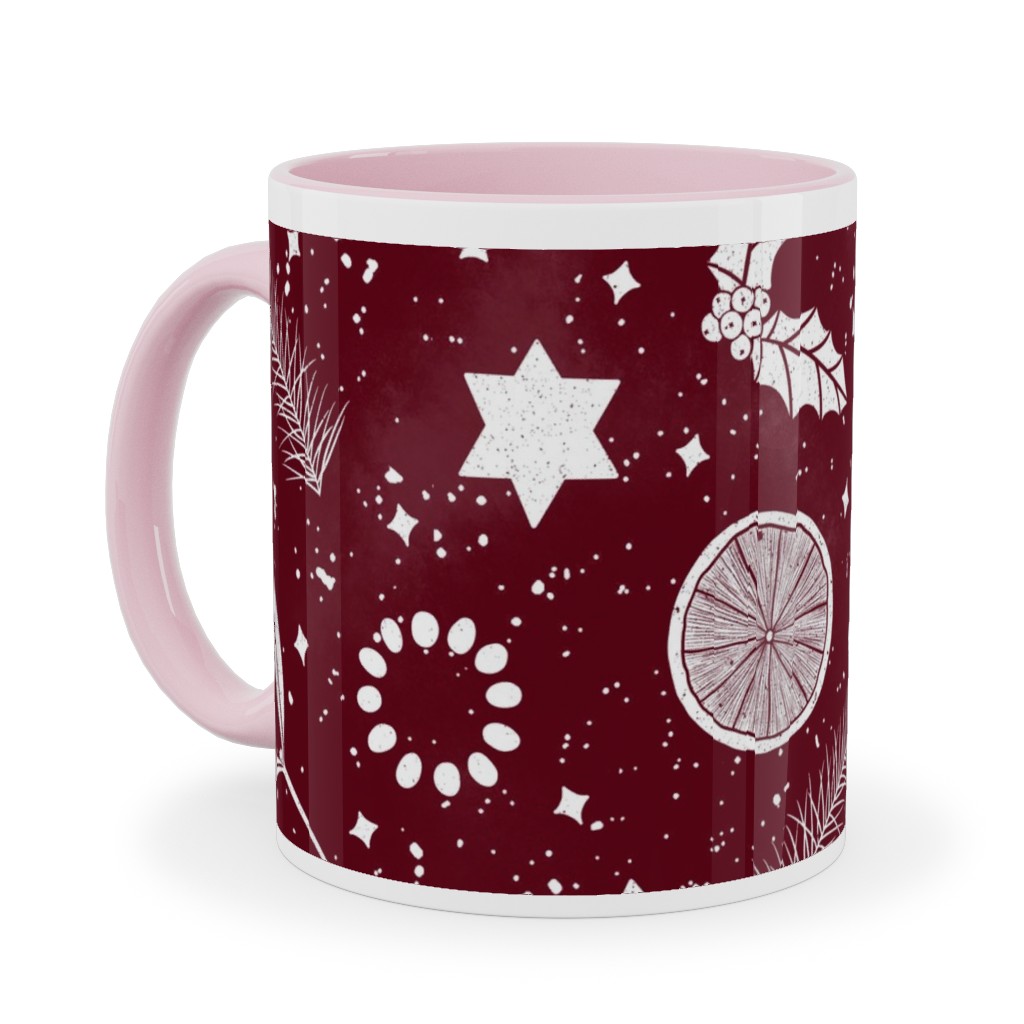 Festive Christmas Print Stars, Mistletoe, Orange, Holly and Pine Branch on Burgundy Ceramic Mug, Pink,  , 11oz, Red