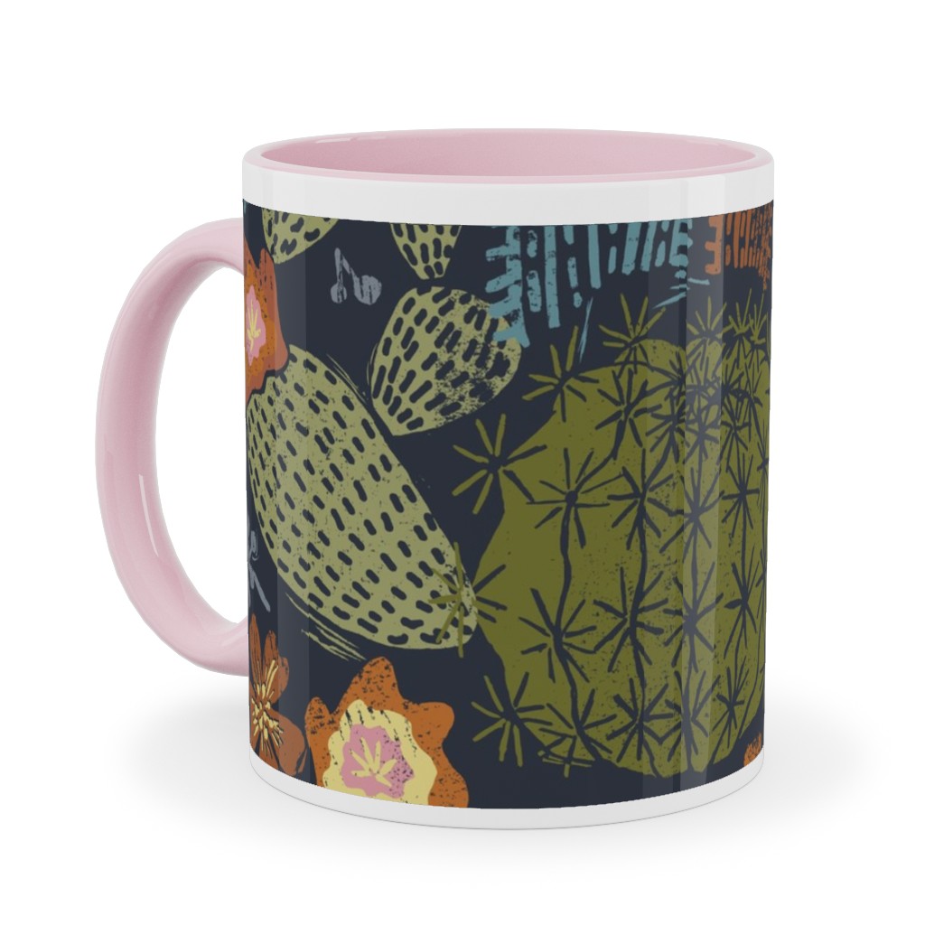Cactus Garden - Block Print Style - Dark Ceramic Mug, Pink,  , 11oz, Green