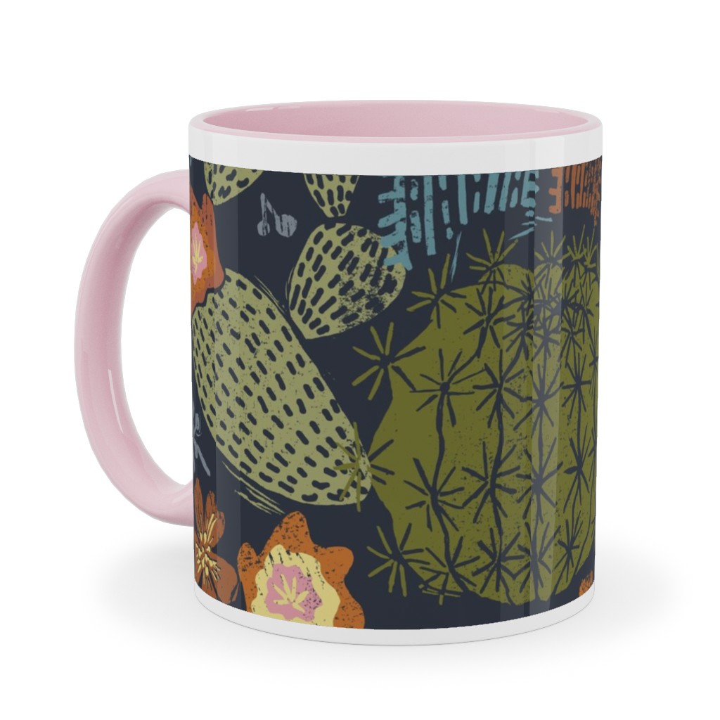 Cactus Garden - Block Print Style - Dark Ceramic Mug, Pink, , 11oz, Green, Classic Green