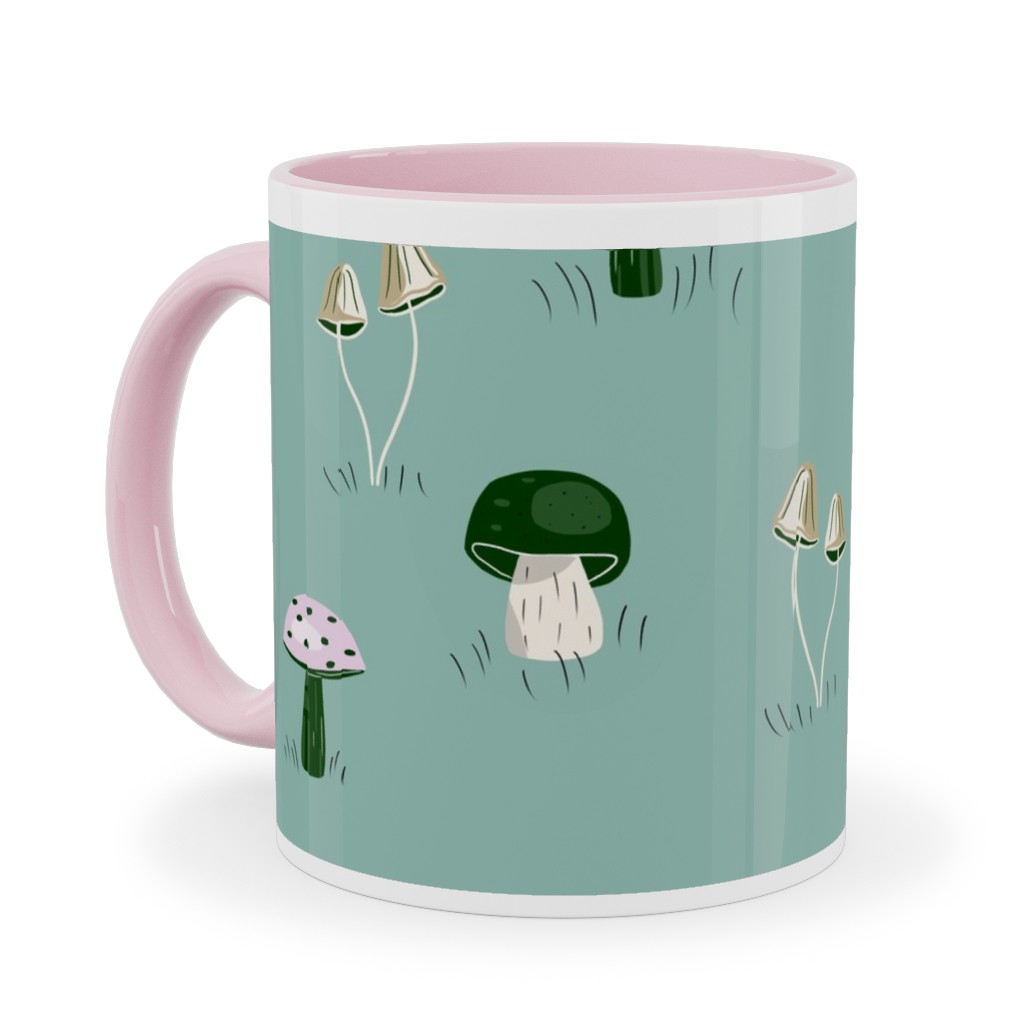 Mushroom Field - Green Ceramic Mug, Pink, , 11oz, Green, Classic Green