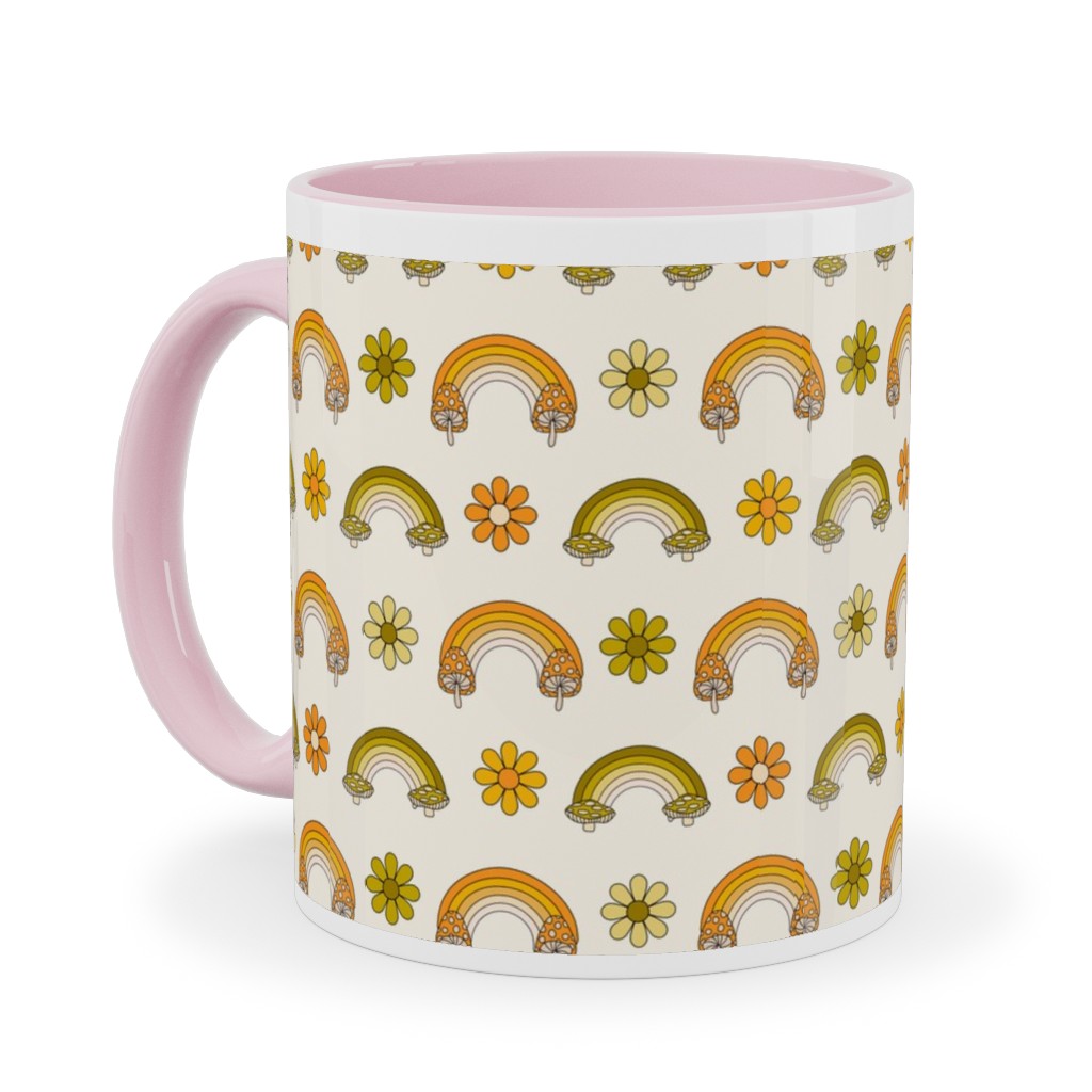 70s Mushroom Rainbow - Retro - Earthy Ceramic Mug, Pink, , 11oz, Green, Classic Green