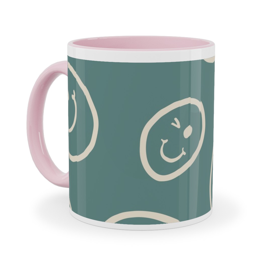 Smiley Winking Faces Ceramic Mug, Pink,  , 11oz, Green