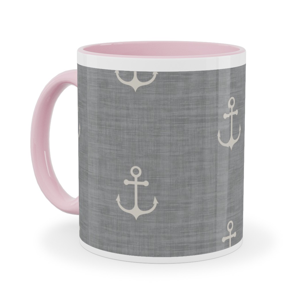 Anchor - Ivory on Light Grey Texture Ceramic Mug, Pink,  , 11oz, Gray