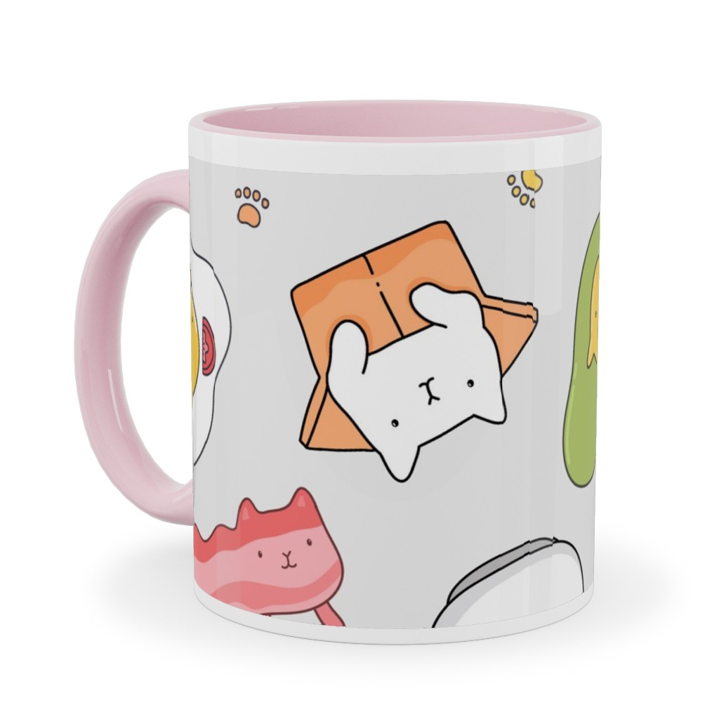Cats and Foods Ceramic Mug, Pink, , 11oz, Multicolor, Whisper Gray