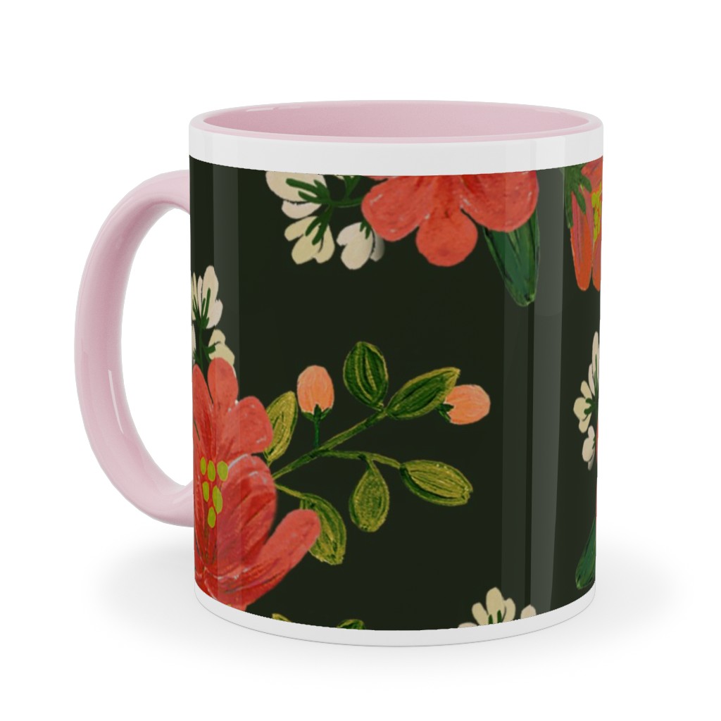 Holiday Floral Ceramic Mug, Pink,  , 11oz, Green