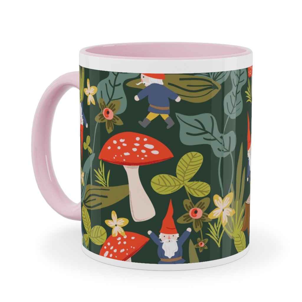 Woodland Gnomes - Green Ceramic Mug, Pink,  , 11oz, Green