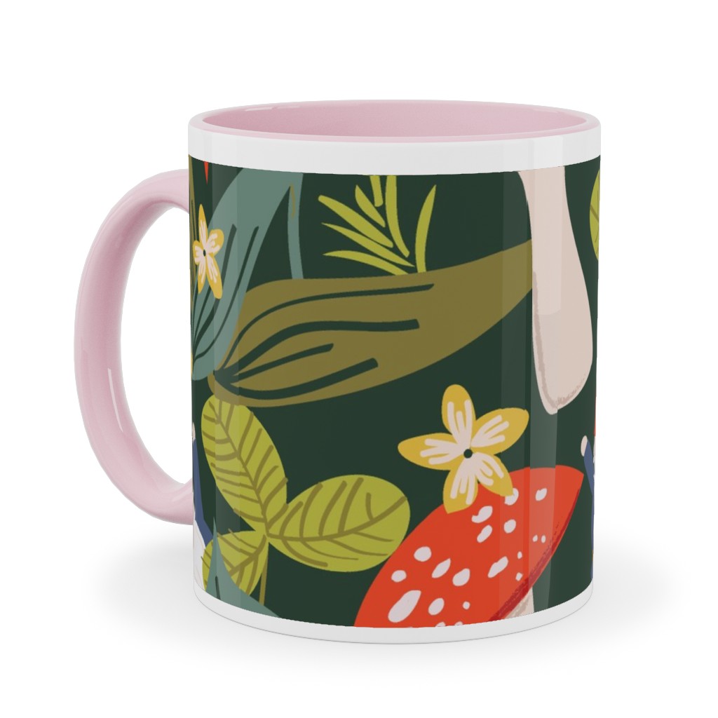 Woodland Gnomes & Mushrooms - Green Ceramic Mug, Pink, , 11oz, Green, Classic Green