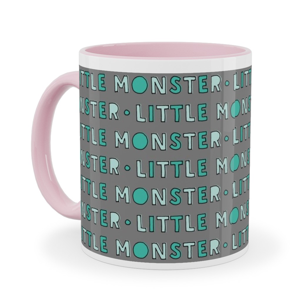 (Small Scale) Little Monster || Green on Grey Ceramic Mug, Pink, , 11oz, Green, Classic Green