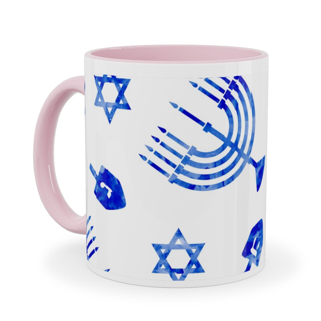 Watercolor Hanukkah Menorah, Dreidel, Star of David - Blue Ceramic Mug, Pink,  , 11oz, Blue