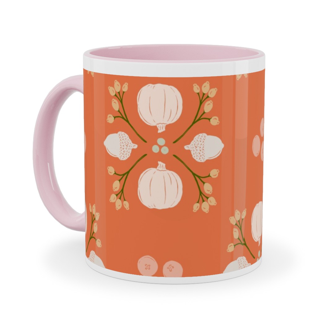 Bright Orange Acorn, Cranberry, & Pumpkin Fall Foliage Damask Ceramic Mug, Pink, , 11oz, Orange, Orange