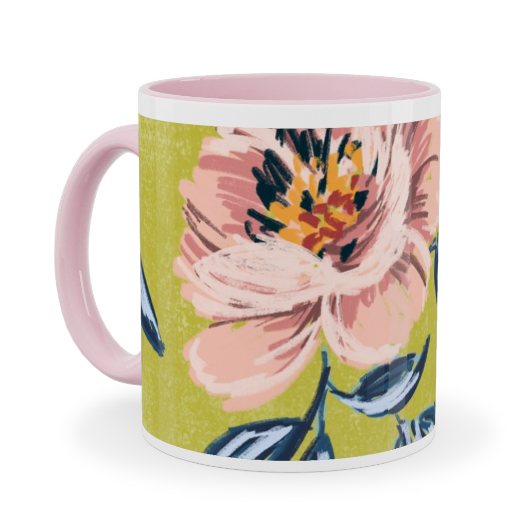 Pink Peonies Ceramic Mug, Pink, , 11oz, Green, Classic Green