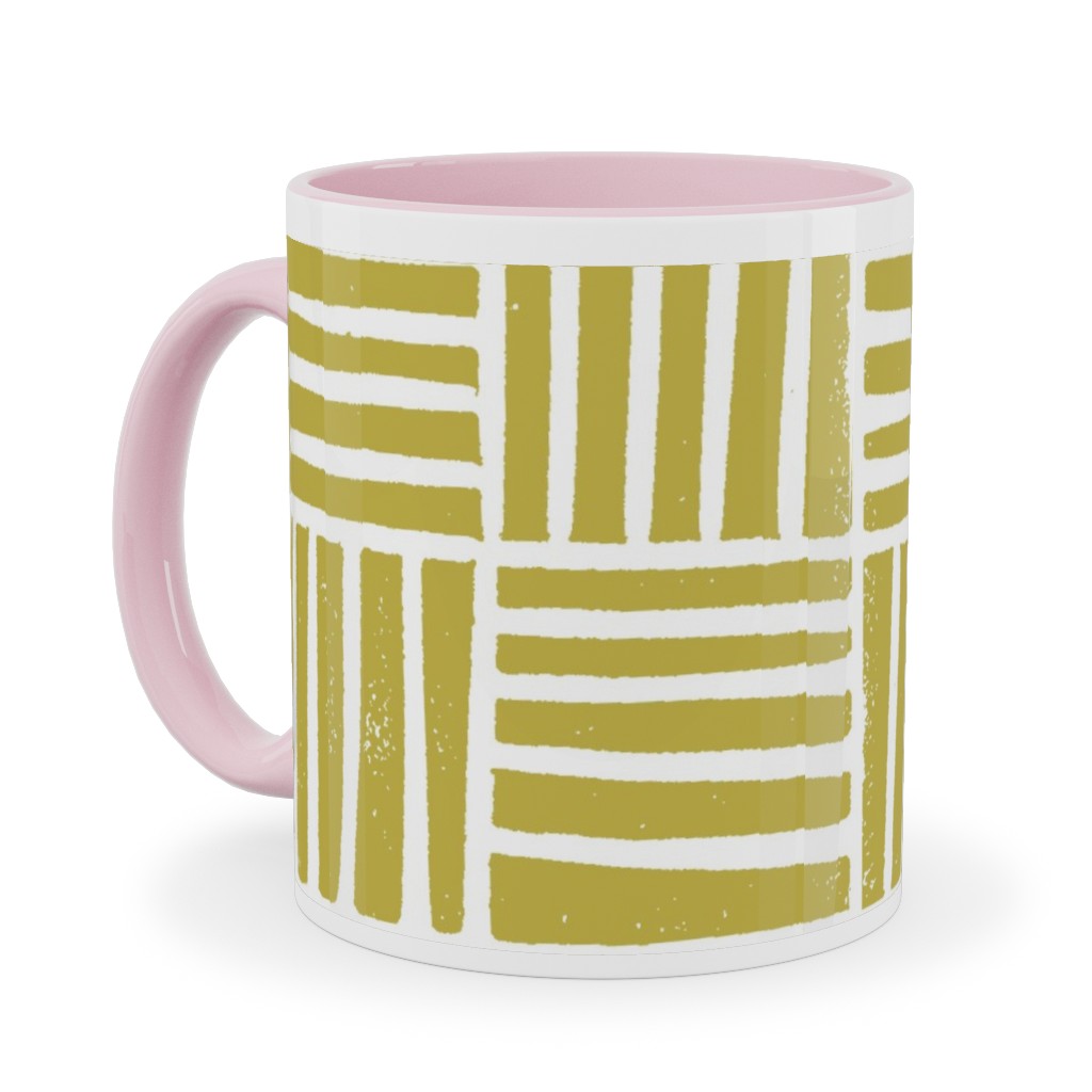 Thatch Stripe Grid - Yellow Ceramic Mug, Pink,  , 11oz, Yellow