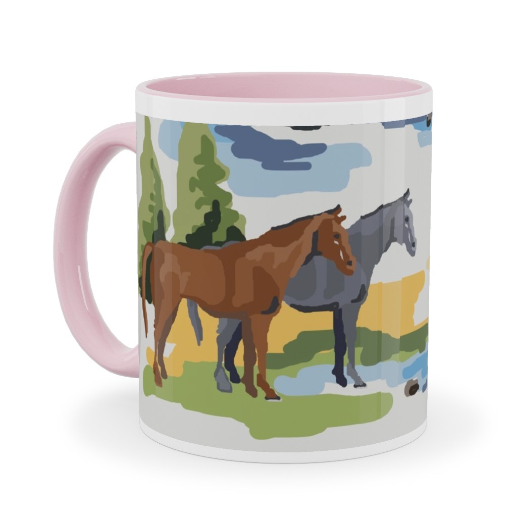 Horses and a Meadow - Multicolor Ceramic Mug, Pink,  , 11oz, Multicolor