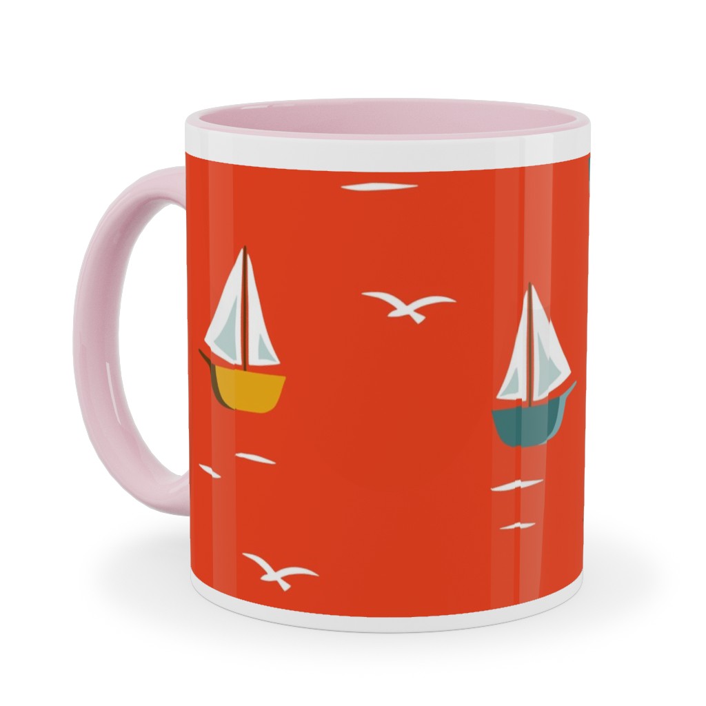 Sailboats Ceramic Mug, Pink,  , 11oz, Red
