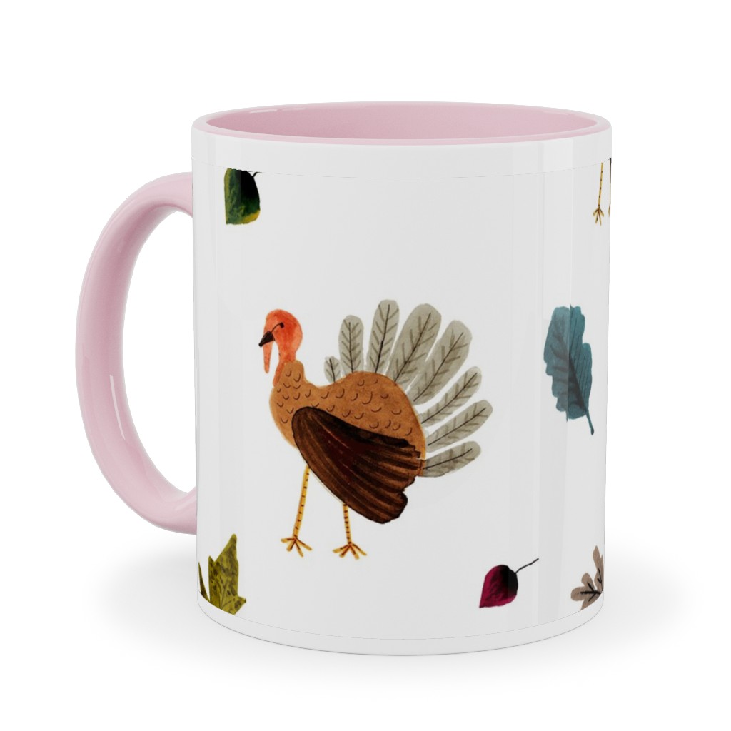 Fall Thanksgiving Turkeys on White Ceramic Mug, Pink,  , 11oz, White
