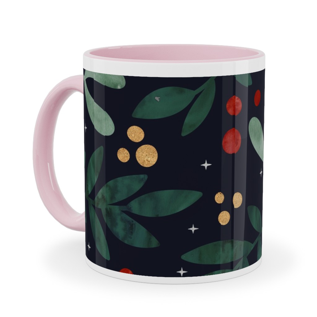 Christmas Berries - Dark Ceramic Mug, Pink, , 11oz, Green, Classic Green