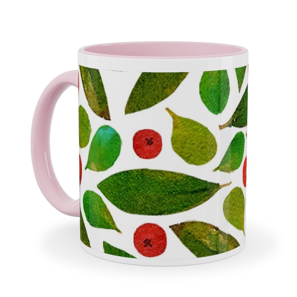 Holiday Greens and Berries Ceramic Mug, Pink, , 11oz, Green, Classic Green