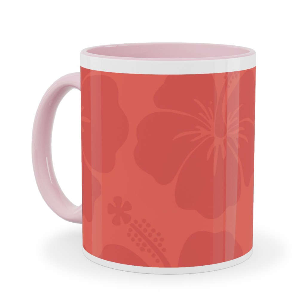 Hibiscus Florals - Coral and Red Ceramic Mug, Pink, , 11oz, Pink, Bright Pink