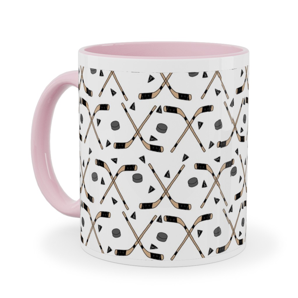 Hockey Stick and Puck Ceramic Mug, Pink, , 11oz, White, White