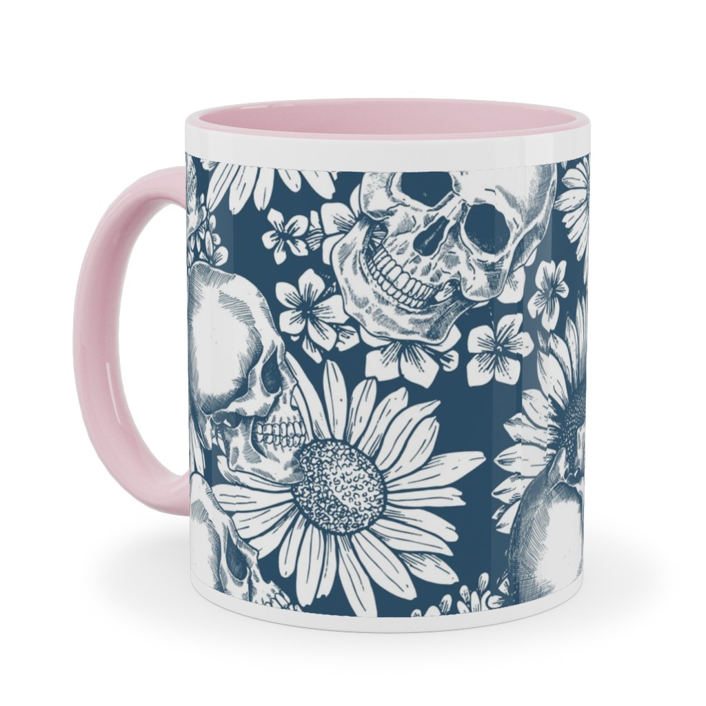 Floral Skull - Blue Ceramic Mug, Pink,  , 11oz, Blue