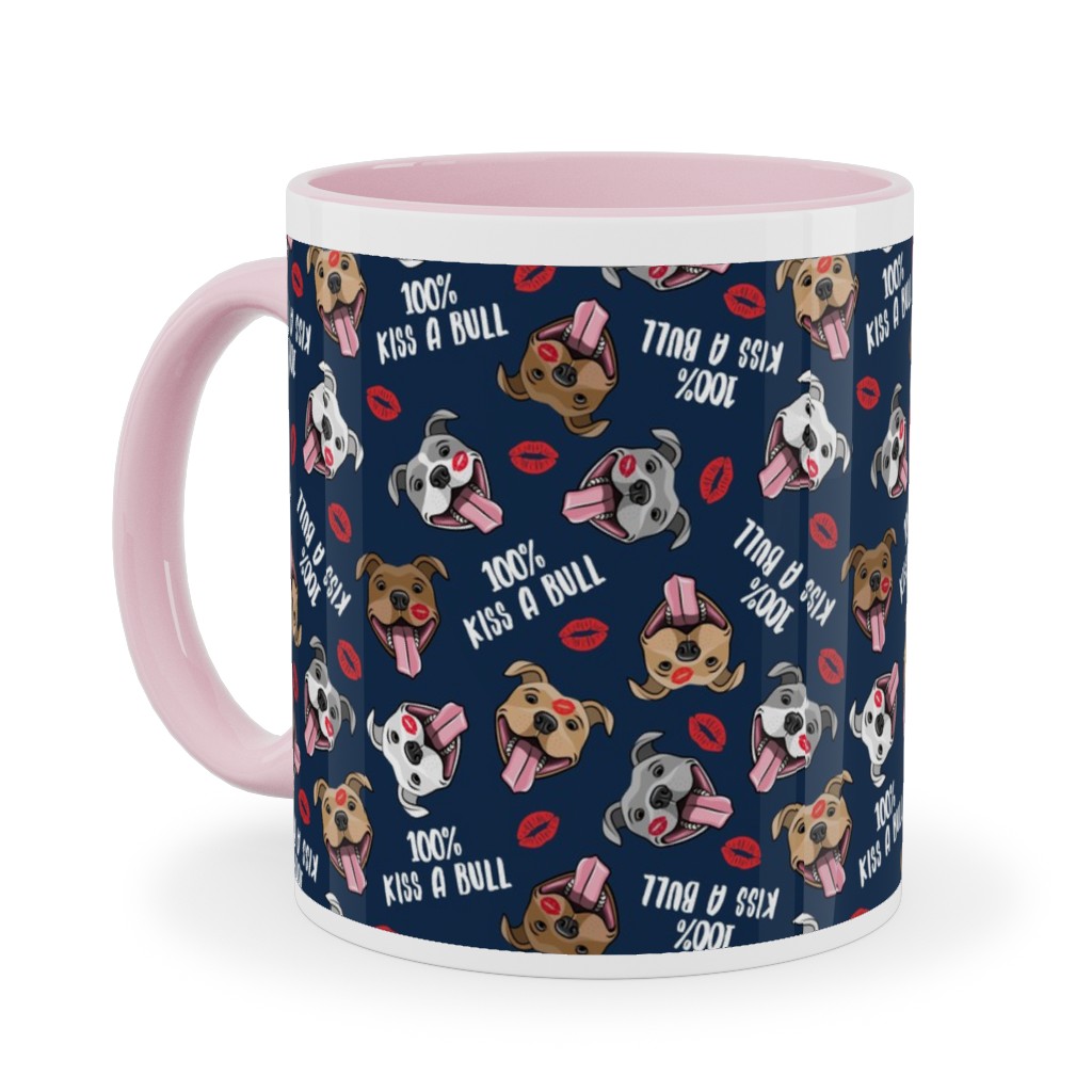 100% Kiss a Bull - Cute Pit Bull Dog - Red and Blue Ceramic Mug, Pink,  , 11oz, Blue