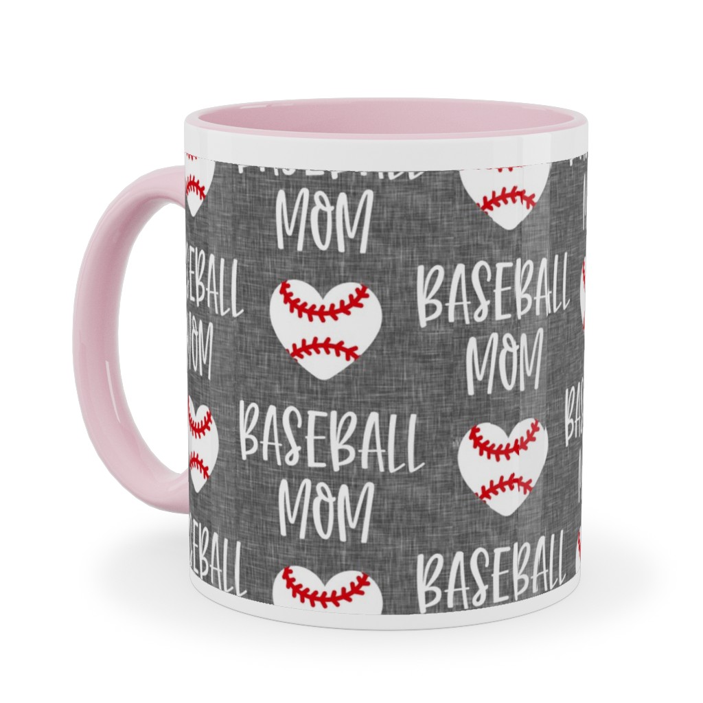 Baseball Mom - Baseball Heart - White on Grey Ceramic Mug, Pink,  , 11oz, Gray