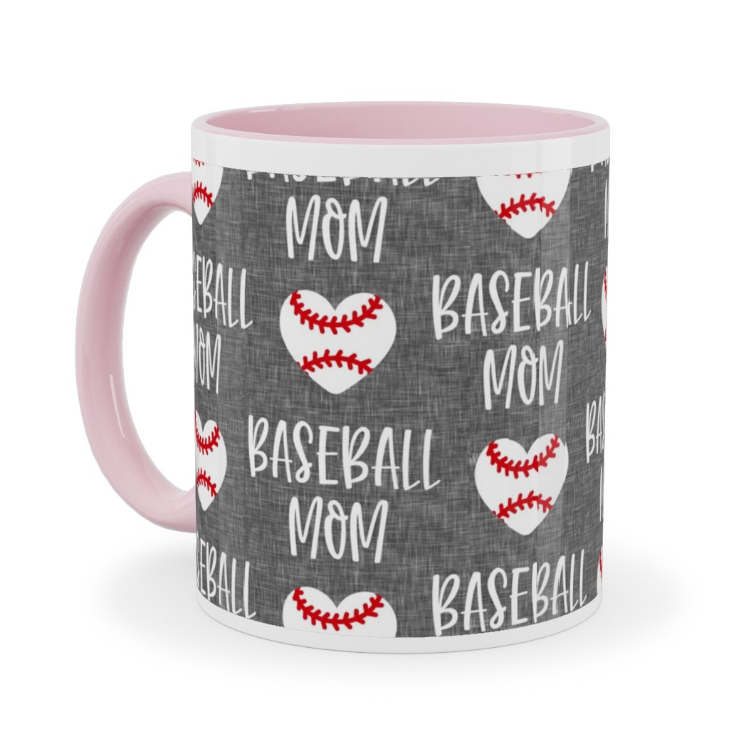 Baseball Mom - Baseball Heart - White on Grey Ceramic Mug, Pink, , 11oz, Gray, Gray