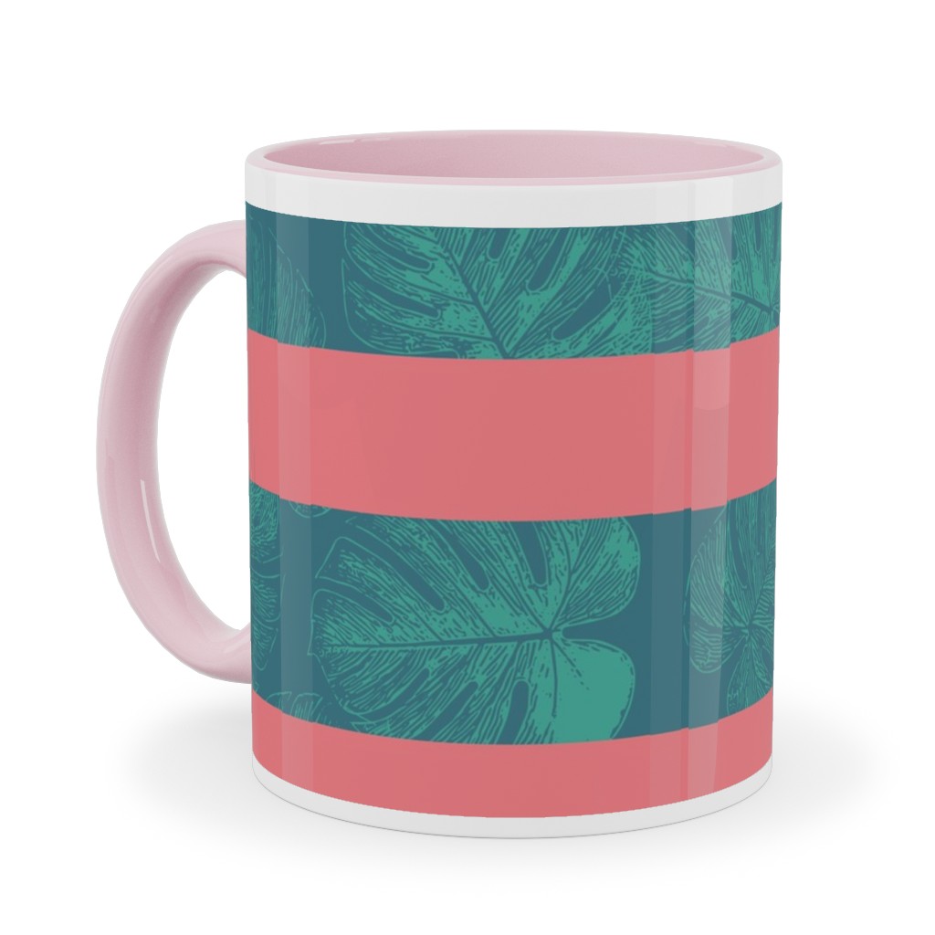 Monstera Leaf Stripes Ceramic Mug, Pink, , 11oz, Green, Classic Green