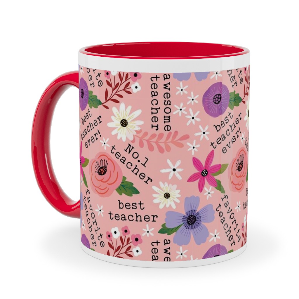 Pretty Best Teacher - Floral - Pink Ceramic Mug, Red,  , 11oz, Pink