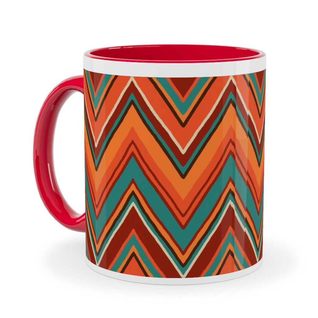Fall Crazy Chevron - Orange and Teal Ceramic Mug, Red,  , 11oz, Orange