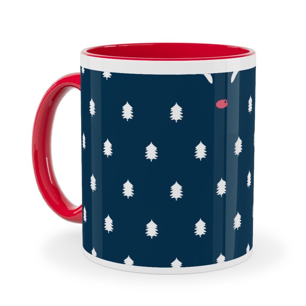 Modern Christmas Deer - Navy Ceramic Mug, Red,  , 11oz, Blue