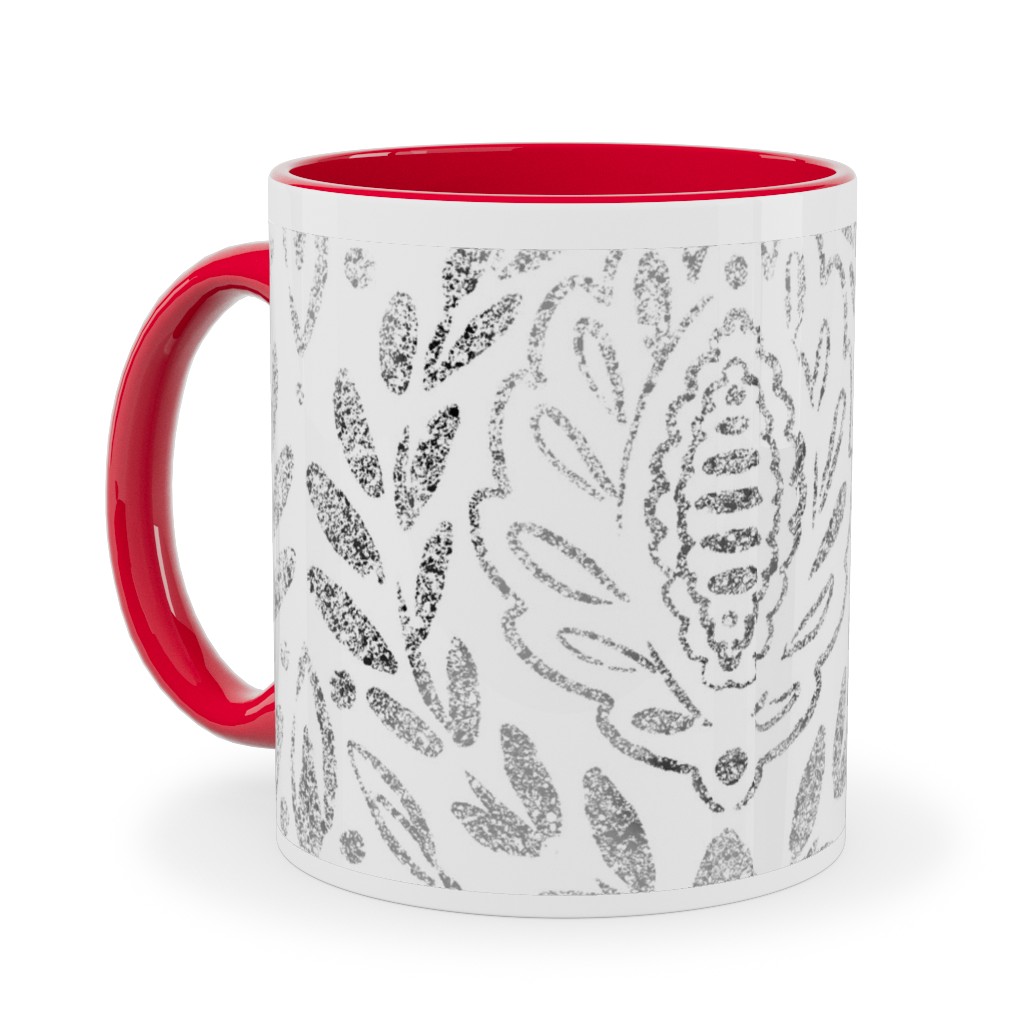 Distressed Damask Leaves - Grey Ceramic Mug, Red,  , 11oz, Gray