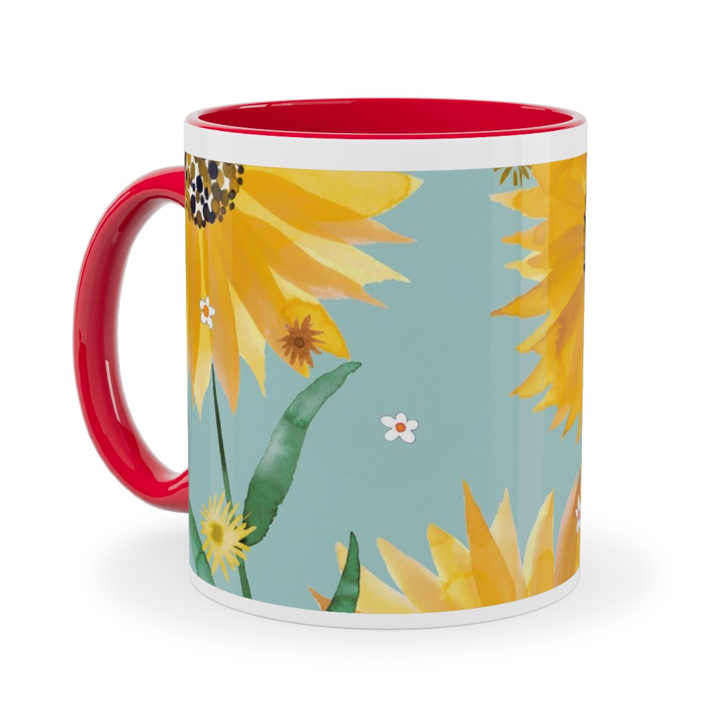 Watercolor Sunflowers - Yellow on Blue Ceramic Mug, Red,  , 11oz, Yellow