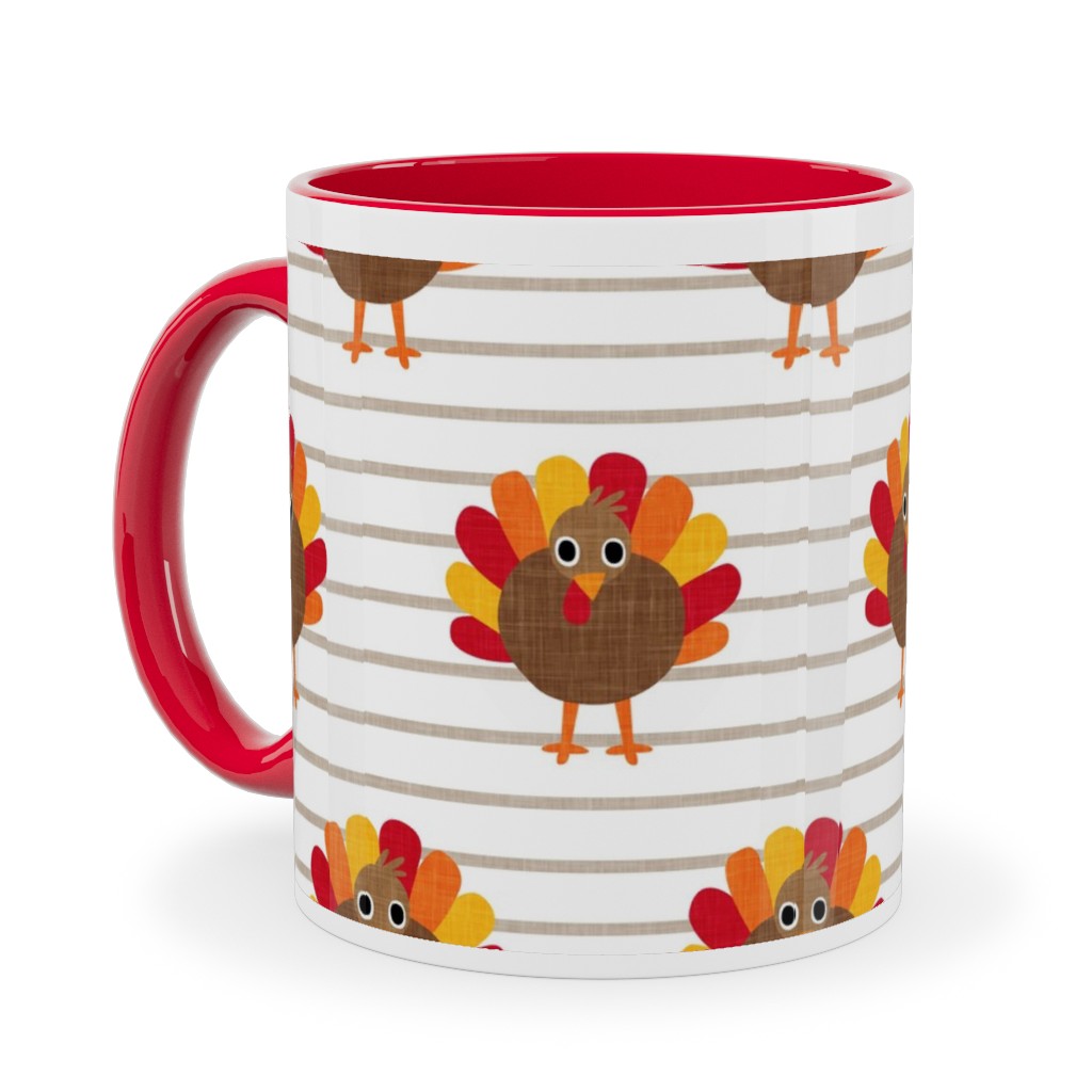 Cute Thanksgiving Turkey - on Khaki Stripes Ceramic Mug, Red,  , 11oz, Orange