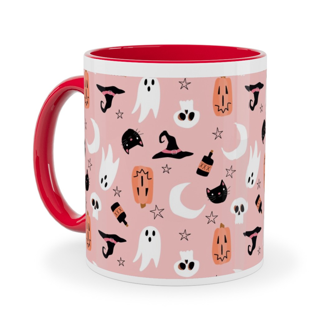 Sweet Halloween - Pumpkin, Witch, Ghost, & Cat - Pink Ceramic Mug, Red,  , 11oz, Pink