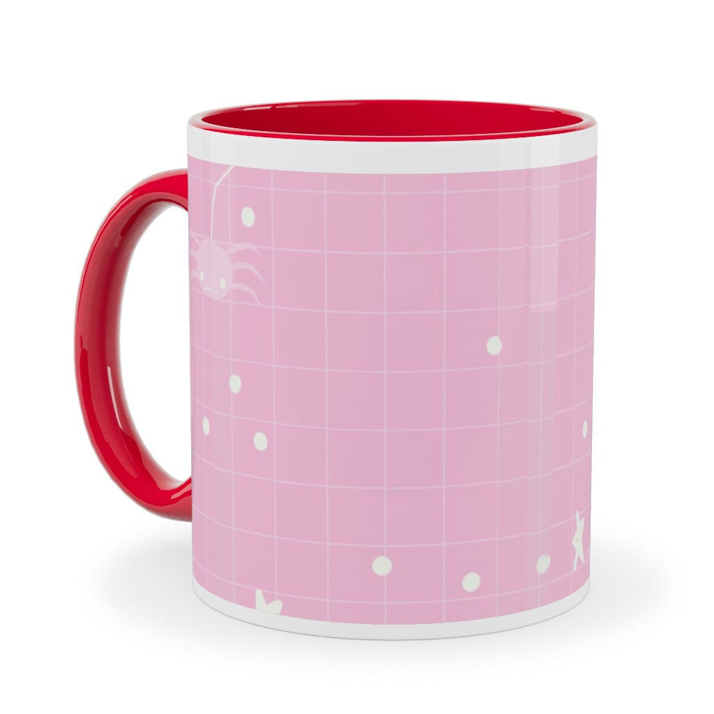 Pastel Halloween Web and Spider - Pink Ceramic Mug, Red, , 11oz, Pink, Bright Pink