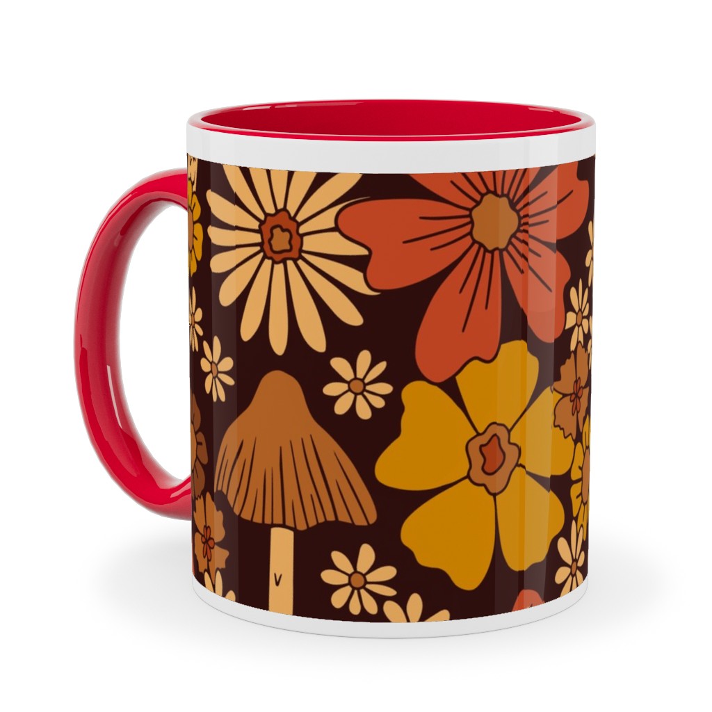 Retro 1970s Mushroom & Flowers - Brown and Orange Ceramic Mug, Red,  , 11oz, Orange